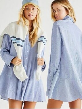 Free People Blue & White Striped Mini Shirt Dress